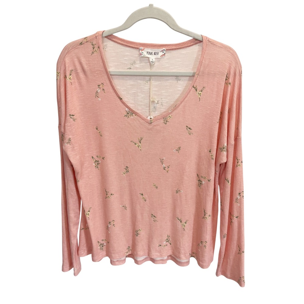 NEW Pink Rose Floral V-Neck Long Sleeve Ribbed Knit Top Pink Boho Cute LARGE